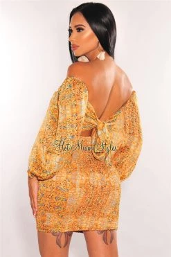 Vendor-unknown Orange Print Off Shoulder Long Sleeve Smocked Dress