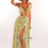 Vendor-unknown Green Print O-Ring Cut Out Gold Belted Double Slit Maxi Dress