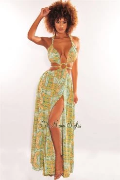 Vendor-unknown Green Print O-Ring Cut Out Gold Belted Double Slit Maxi Dress