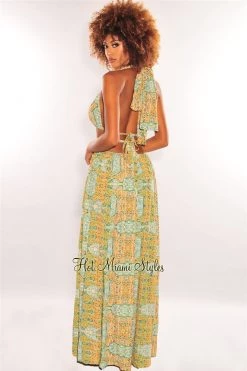 Vendor-unknown Green Print O-Ring Cut Out Gold Belted Double Slit Maxi Dress