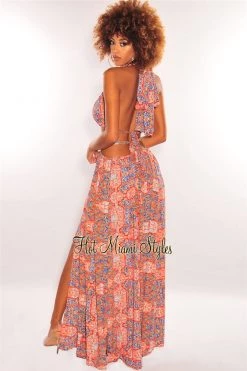 Vendor-unknown Just In Red Print O-Ring Cut Out Gold Belted Double Slit Maxi Dress