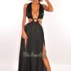 Vendor-unknown Just In Black Gold Chain O-Ring Cut Out Gold Belted Double Slit Maxi Dress