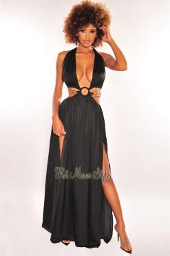 Vendor-unknown Just In Black Gold Chain O-Ring Cut Out Gold Belted Double Slit Maxi Dress