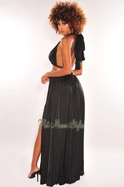Vendor-unknown Just In Black Gold Chain O-Ring Cut Out Gold Belted Double Slit Maxi Dress