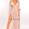 Vendor-unknown Nude Leopard Print Pearl O-Ring Cut Out Long Sleeves Double Slit Maxi Dress Just In