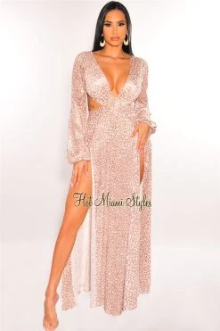 Vendor-unknown Nude Leopard Print Pearl O-Ring Cut Out Long Sleeves Double Slit Maxi Dress Just In
