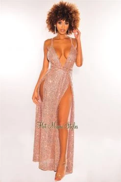 Vendor-unknown Blush Iridescent Sequins V Neck Knotted Double Slit Maxi Dress Just In