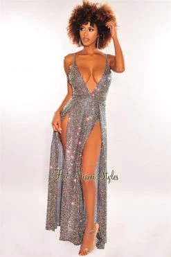 Vendor-unknown Gray Iridescent Sequins V Neck Knotted Double Slit Maxi Dress
