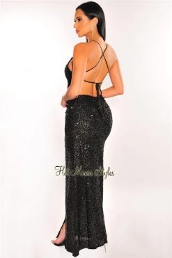 Vendor-unknown Black Sequins Lace Up Open Back Ruched Butt Slit Gown Just In