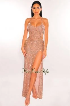 Vendor-unknown Blush Iridescent Sequins Lace Up Open Back Ruched Butt Slit Gown Just In