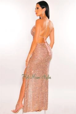 Vendor-unknown Blush Iridescent Sequins Lace Up Open Back Ruched Butt Slit Gown Just In
