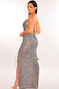 Vendor-unknown Gray Iridescent Sequins Lace Up Open Back Ruched Butt Slit Gown Just In