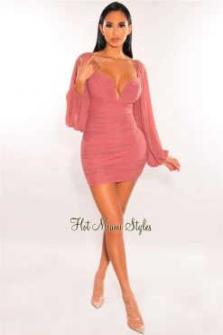 Elan International Mauve Mesh V Wire Long Sleeve Ruched Dress