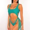 Vendor-unknown Emerald Cut Out O-Ring Fringe Ultra High Cut Swimsuit + Headband