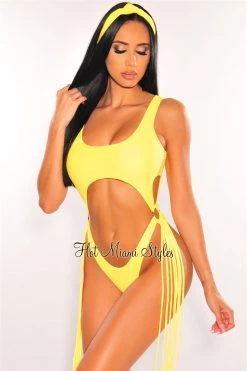 Vendor-unknown Yellow Cut Out O-Ring Fringe Ultra High Cut Swimsuit + Headband Just In