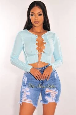 Vendor-unknown Iced Blue Exposed Seams Lace Up Long Sleeve Top Just In