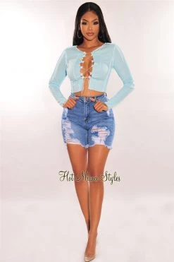 Vendor-unknown Iced Blue Exposed Seams Lace Up Long Sleeve Top Just In