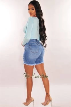 Vendor-unknown Iced Blue Exposed Seams Lace Up Long Sleeve Top Just In