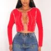Vendor-unknown Red Exposed Seams Lace Up Long Sleeve Top