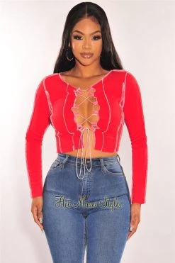 Vendor-unknown Red Exposed Seams Lace Up Long Sleeve Top