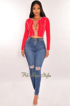 Vendor-unknown Red Exposed Seams Lace Up Long Sleeve Top