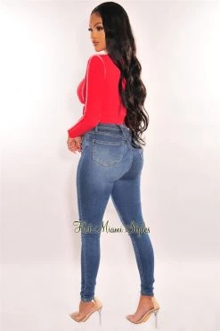 Vendor-unknown Red Exposed Seams Lace Up Long Sleeve Top