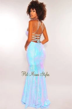 Vendor-unknown Just In Iced Blue Sequins V Neck Lace Up Back Slit Mermaid Gown