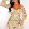 Vendor-unknown Sage Floral Print Mesh Long Sleeve Belted Ruffle Romper