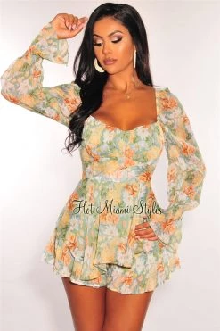Vendor-unknown Sage Floral Print Mesh Long Sleeve Belted Ruffle Romper