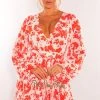 Vendor-unknown Just In Red Floral Print V Neck Long Sleeve Belted Pleated Romper