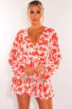 Vendor-unknown Just In Red Floral Print V Neck Long Sleeve Belted Pleated Romper
