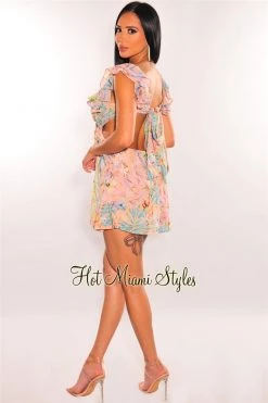Vendor-unknown Blush Floral Palm Print V Neck Ruffle Cut Out Romper