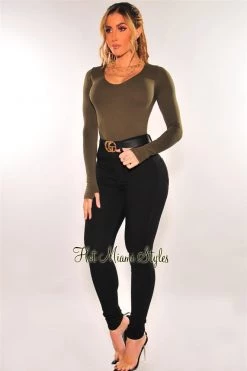 Glamazon HMS Essential: Olive V Neck Seamless Long Sleeves Long Top Just In
