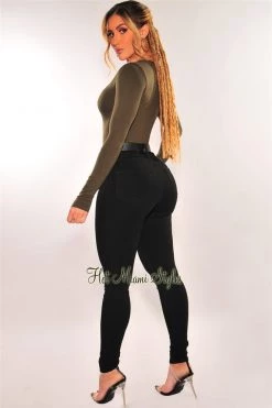 Glamazon HMS Essential: Olive V Neck Seamless Long Sleeves Long Top Just In