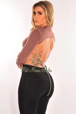 Vendor-unknown Chocolate Ribbed Knit Long Sleeve Silver Rhinestone Cut Out Back Crop Top Just In