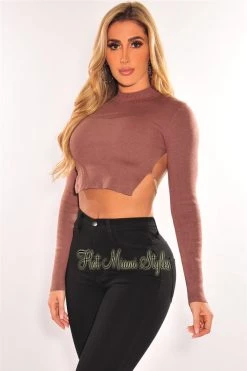 Vendor-unknown Chocolate Ribbed Knit Long Sleeve Silver Rhinestone Cut Out Back Crop Top Just In