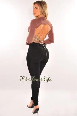 Vendor-unknown Chocolate Ribbed Knit Long Sleeve Silver Rhinestone Cut Out Back Crop Top Just In