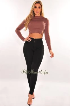 Vendor-unknown Chocolate Ribbed Knit Long Sleeve Silver Rhinestone Cut Out Back Crop Top Just In