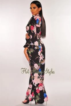 Sole Mio (set) Black Floral Blossom Tie Up Bell Sleeves Palazzo Two Piece Set Just In