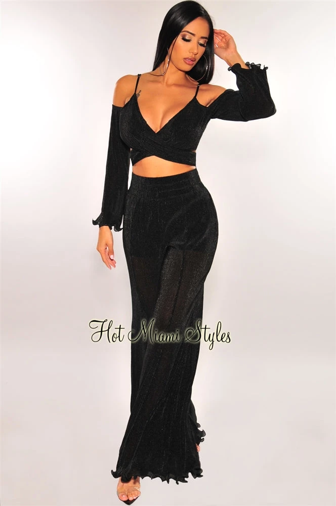 Sole Mio (set) Just In Black Ribbed Off Shoulder 3D Ruffle Palazzo Two Piece Set