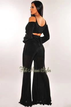 Sole Mio (set) Just In Black Ribbed Off Shoulder 3D Ruffle Palazzo Two Piece Set
