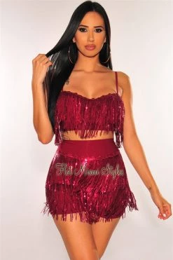 Vendor-unknown Wine Flowing Sequins Bustier Shorts Two Piece Set Just In