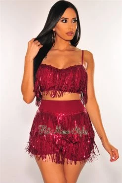 Vendor-unknown Wine Flowing Sequins Bustier Shorts Two Piece Set Just In