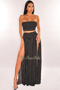 Vendor-unknown Black Polka Dot Bandeau Double Slit Skirt Two Piece Set Cover Up Just In