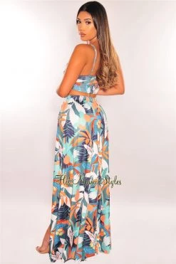 Vendor-unknown Just In Multi Color Print Tie Up Belted Slit Maxi Skirt Two Piece Set