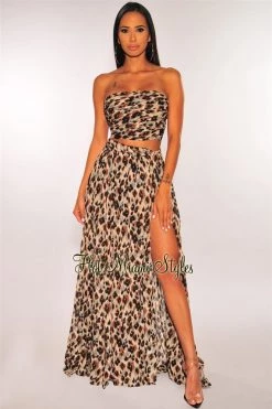 Sole Mio (set) Leopard Print Strapless Slit Maxi Skirt Two Piece Set Just In