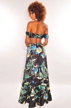 Vendor-unknown Black Floral Print Tie Up Tiered Maxi Skirt Two Piece Set Just In