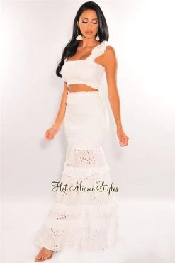 Vendor-unknown White Smocked Ruffle Crochet Maxi Skirt Two Piece Set Just In