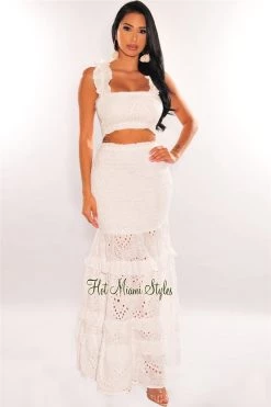 Vendor-unknown White Smocked Ruffle Crochet Maxi Skirt Two Piece Set Just In