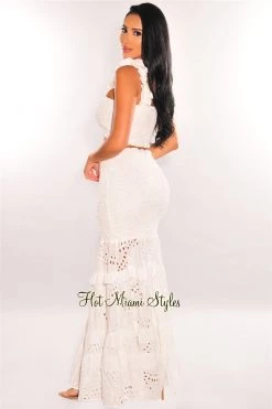 Vendor-unknown White Smocked Ruffle Crochet Maxi Skirt Two Piece Set Just In